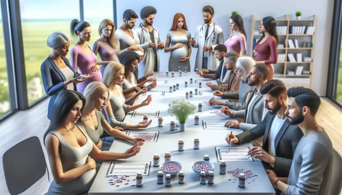 Diverse group taking iodine supplements, consulting healthcare professionals in UK clinic, focusing on dosage.