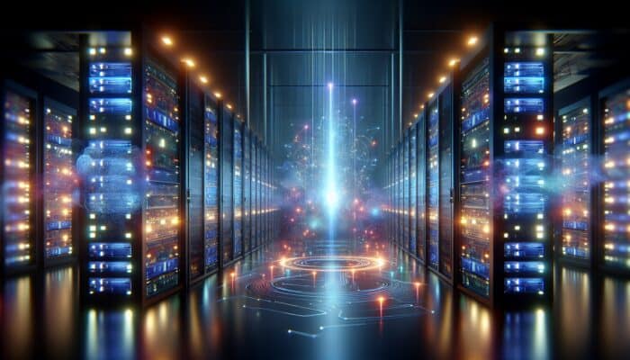 Futuristic data center with servers and holograms, showing AI accessing and analysing data in real-time.