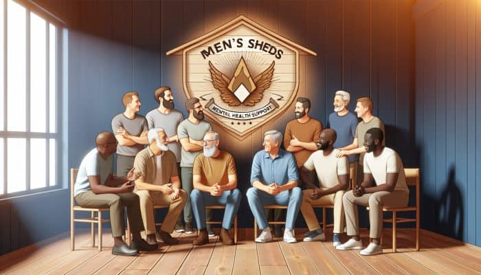A group of diverse men in a cosy room at Men's Sheds, sharing emotions and support.