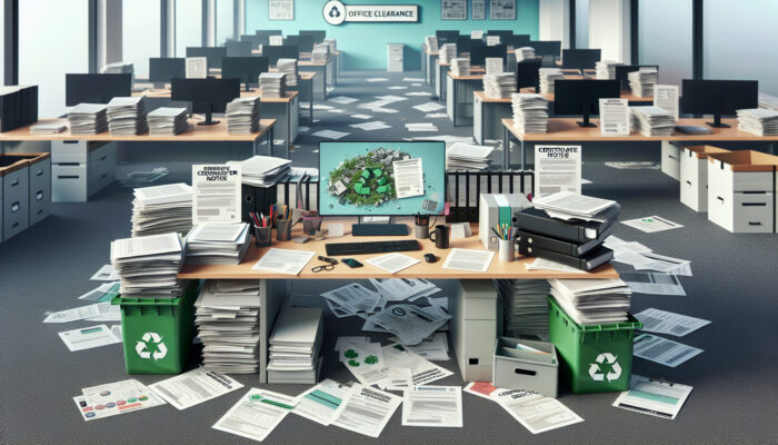 Organised office clearance documentation on a desk, including waste transfer notes, certificates of destruction, and recycling records.