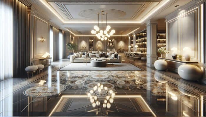 Revitalized porcelain tiles in a luxurious home interior, gleaming and enhancing the elegant ambiance.