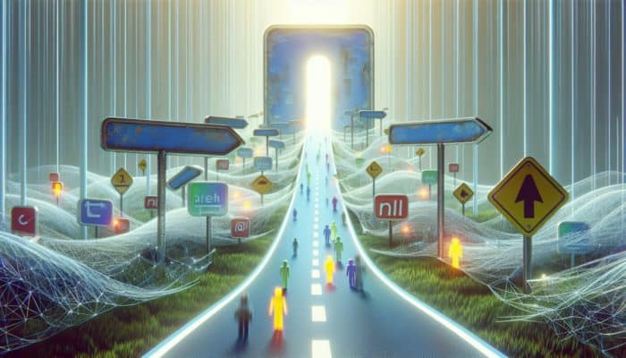 Utilise 301 Redirects for Link Equity: A digital depiction of a transition from an outdated URL to a new, vibrant URL, illustrating a seamless 301 redirect with search engine bots and users in pursuit.