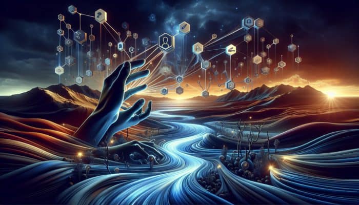 Hands extending towards vibrant streams of light symbolising link equity in a digital environment.