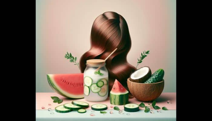 A still life arrangement featuring watermelon, cucumber, and coconut water surrounding healthy hair on a pastel backdrop.