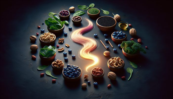 A still life of blueberries, nuts, and leafy greens such as spinach and kale surrounding a glowing hair strand, symbolising hair health.