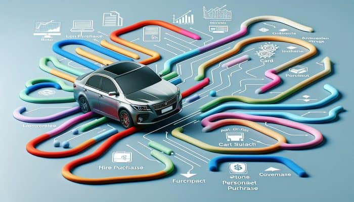 Debt Consolidation for Auto Loan Debt: A Comprehensive Guide | DCL Debt Consolidation for Auto Loan Debt: Diverse auto loan options like hire purchase and PCP shown as colourful paths to car ownership.