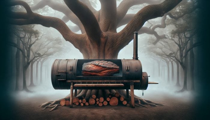 A hickory tree standing tall in a smoky forest, providing wood for a rustic smoker aimed at creating bold brisket.