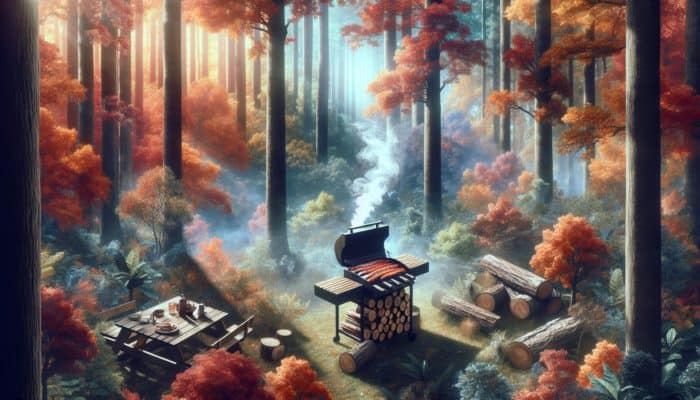 A forest in the Southeast US showcasing vibrant autumn hickory trees, alongside a rustic barbecue using hickory logs.