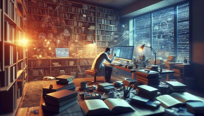 A researcher devising a thorough research strategy at a desk surrounded by books and digital tools in a comfortable study environment.