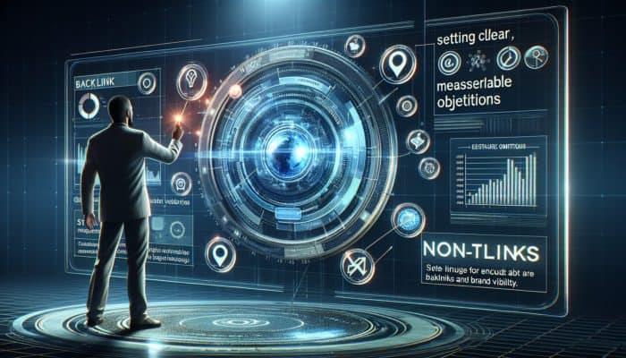A researcher defining clear objectives on a futuristic digital interface featuring graphs, insights, and icons for backlinks and brand visibility.