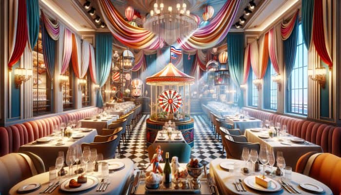 A luxurious French restaurant in Bellagio featuring vibrant circus decor, gourmet dishes, and an impressive wine selection.