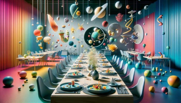 A surreal dining room at Alinea featuring avant-garde dishes, vibrant colours, and floating courses that engage all senses.