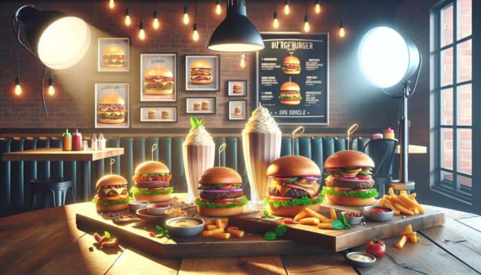 A vibrant scene at The Burger Bar featuring customizable gourmet burgers and thick milkshakes in a casual, family-friendly setting.