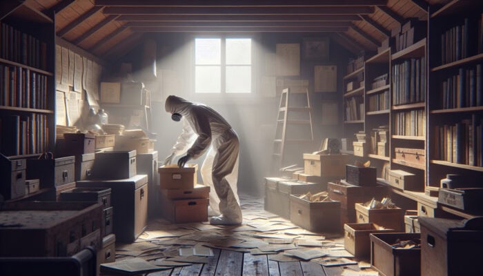 Individual in protective gear sorting through boxes and antiques in a dusty attic, sunlight filtering through a window.
