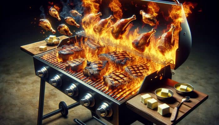 Utilising Ghee for High-Heat Barbecue Cooking: A barbecue grill with ghee dripping onto flames, steaks and chicken searing with a golden, nutty aroma.