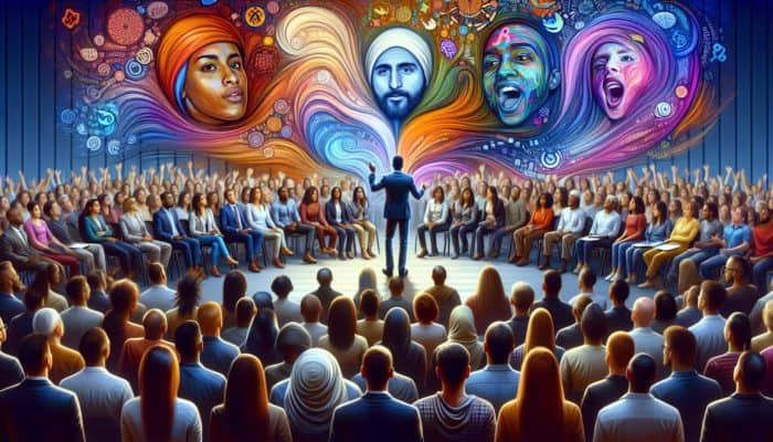 A diverse audience captivated by a storyteller weaving a spellbinding narrative, surrounded by vibrant colours.