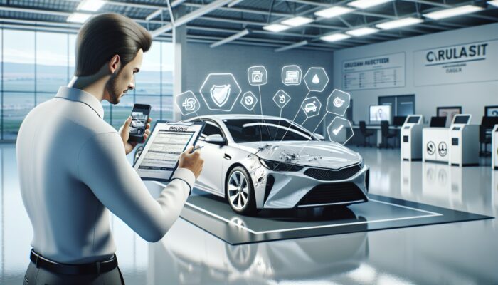 Individual examining rental car, documenting damages, with insurance documents and checklist at a contemporary facility.