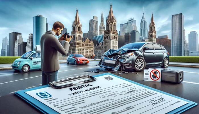 Individual documenting damage on rental car with agreement and emergency contacts in an international urban setting.