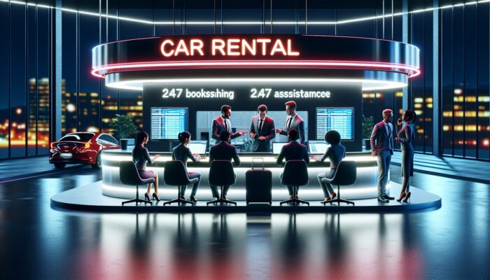 Contemporary car rental office illuminated at night with neon signs, experts discussing online bookings, and a 24/7 assistance desk glowing.