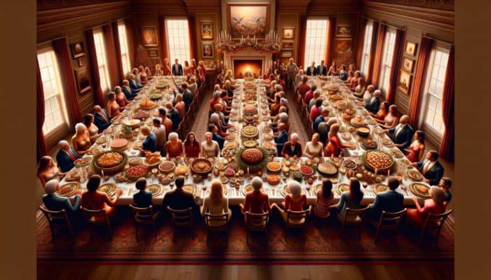 A festive table adorned with a variety of dishes, surrounded by a joyful family and friends in an elegantly decorated dining room.