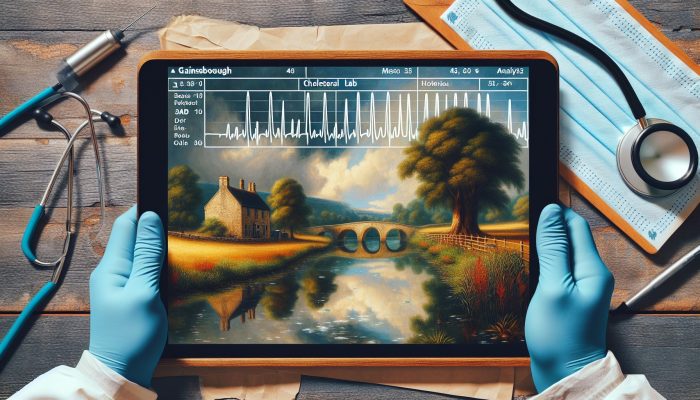 A Gainsborough-style painting of a serene countryside with a medical lab, featuring a detailed cholesterol blood test report and expert analysis.