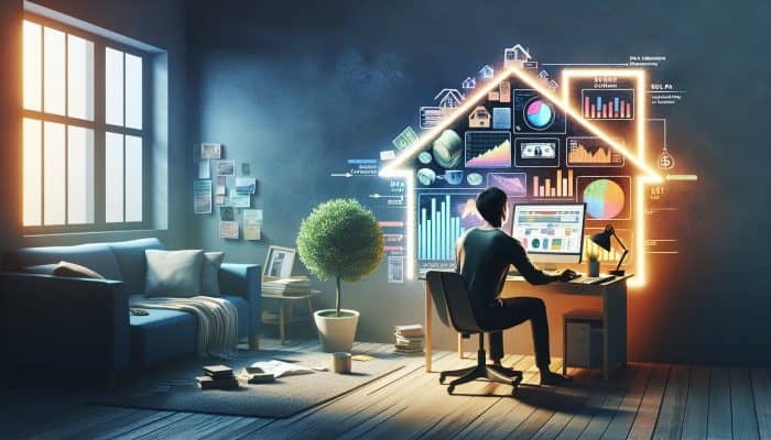 A person in a modern home office studying financial literacy online, surrounded by charts on remote work trends and debt consolidation.