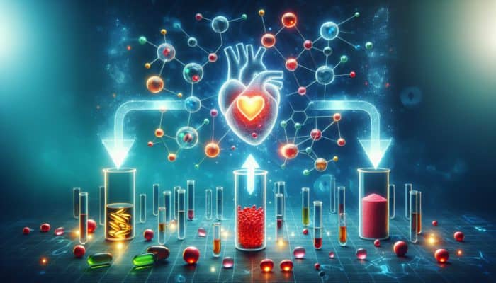 Diagram illustrating omega-3 and vitamins enhancing heart health, alongside vitamin E's adverse effects with blood thinners in a laboratory setting.