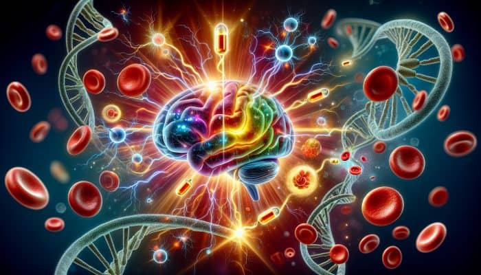 Illustration of Vitamin B12 molecules boosting nerve and red blood cells, with a glowing brain and DNA strands.