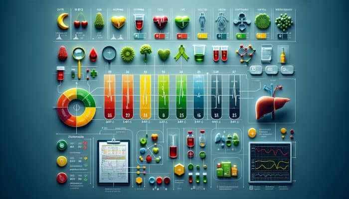 A medical chart illustrating Vitamin B12 levels with colour-coded ranges and related health icons.
