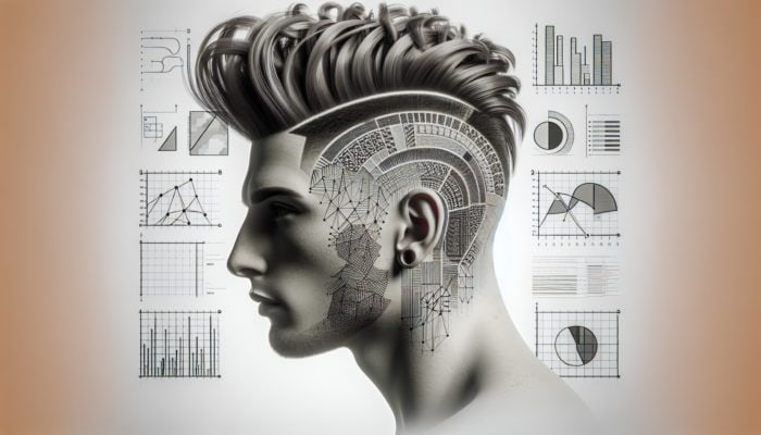 Undercut hairstyle featuring shaved sides, intricate patterns, and styled long hair on top.