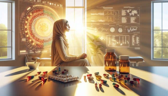 A person calmly preparing for a vitamin D test in a medical setting with sunlight and dietary supplements in view.