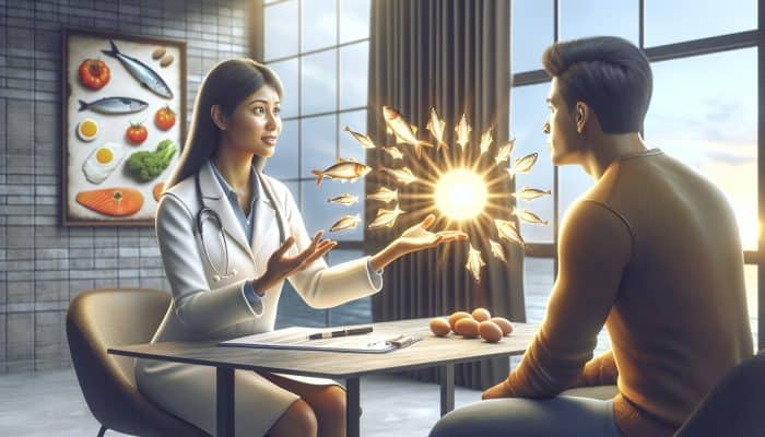 A doctor explaining vitamin D test results with visuals, alongside sunlight and vitamin D-rich foods.