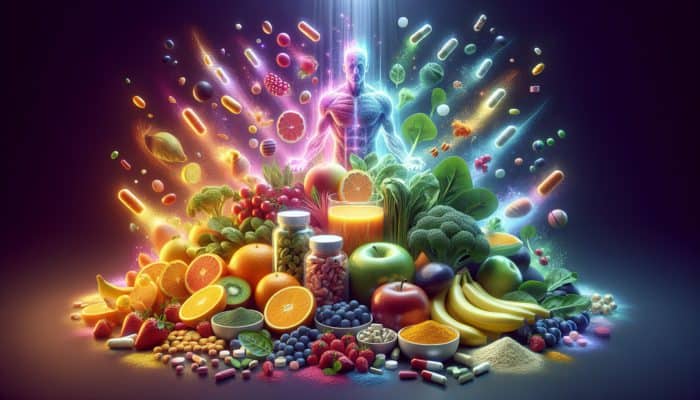 A vibrant assortment of fruits, vegetables, and supplements representing crucial micronutrients for muscle recovery.