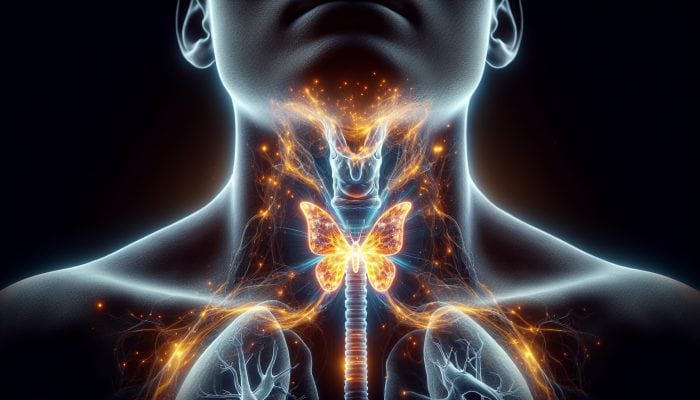 Illustration of the thyroid gland at the front of the neck, highlighting its role in producing T3 and T4 hormones crucial for metabolism and growth.