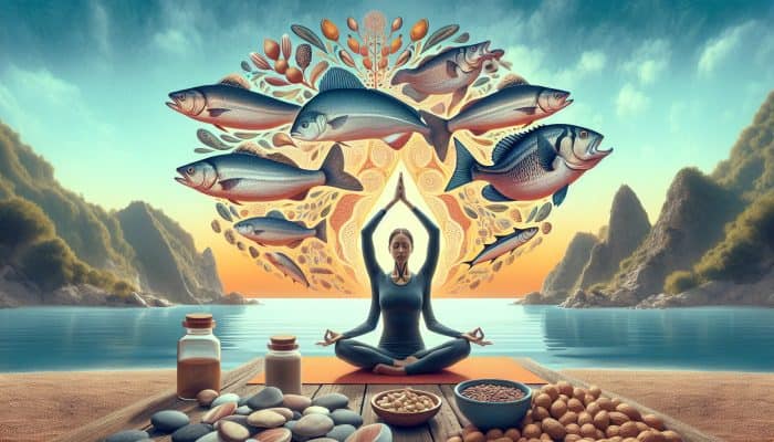 A person engaging in yoga by the sea, complemented by fish and nuts, symbolising support for thyroid health.