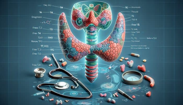 Illustration of the thyroid gland with labelled sections for TSH, T4, T3, TPO, Tg, Free T4, Free T3, Reverse T3, and diagnostic tools.