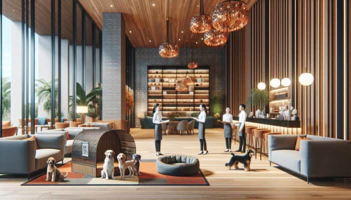 A cosy hotel lobby with a pet-friendly area, including a pet spa and dog beds, with staff engaging guests and their pets.