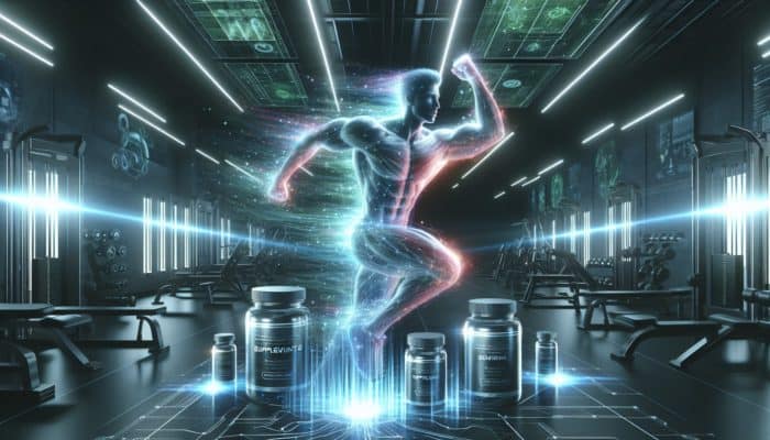 Athlete surrounded by glowing supplements, energy waves boosting power in futuristic gym.
