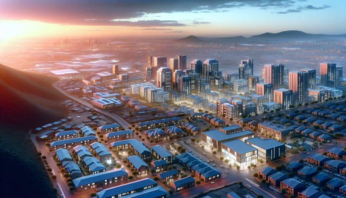 Beware Hidden Costs: Aerial view of Makhanda at dusk, showing modern, revitalized neighborhoods and new developments.