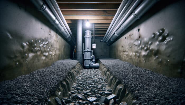 Crawl space equipped with a sump pump, French drain, and interior drainage pipes for efficient water removal.