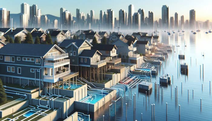 Urban West End neighbourhood with elevated homes and integrated drainage systems near English Bay, preventing flooding effectively.