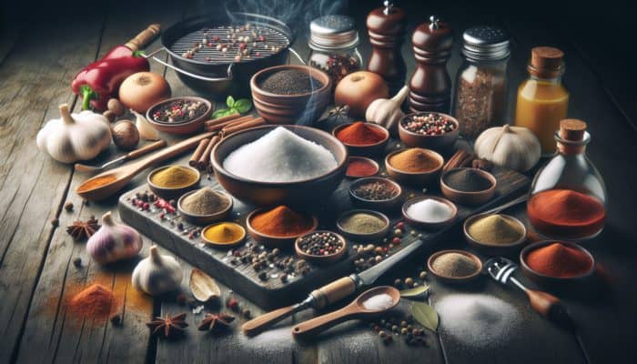 A still-life of BBQ rub ingredients, showing fresh and stale spices, salt, on a rustic table with grilling tools.