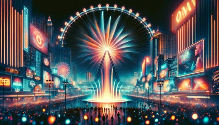 Choosing the Perfect Vegas Hotel: A vibrant night scene of the Las Vegas Strip with the Bellagio's fountains and the High Roller Wheel.
