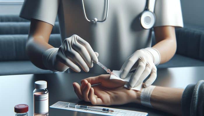 Healthcare professional sanitising patient's arm for vitamin B12 blood test in Bridlington clinic.