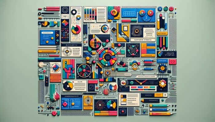 Infographic illustrating design principles with balanced layouts, contrasting colours, and aligned elements for engagement.