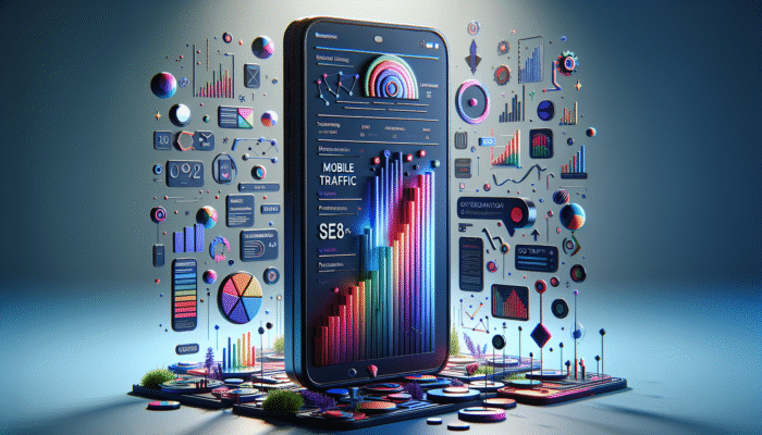 A smartphone displaying an optimised website with title tags, alongside graphs representing mobile traffic and SEO performance.