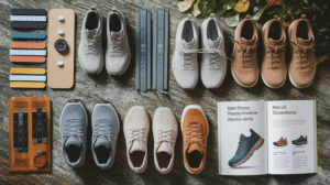 Overhead view of six pairs of casual shoes, including Xero Shoes, arranged in two rows on a wooden surface surrounded by measuring tools, color swatches, a compass, and an open exploration guide featuring footwear photos and info.