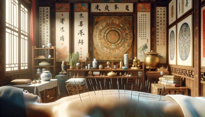 Acupuncture for Alcohol Dependency: A tranquil acupuncture session set in a traditional Chinese environment, showcasing needles and symbols of Qi energy.
