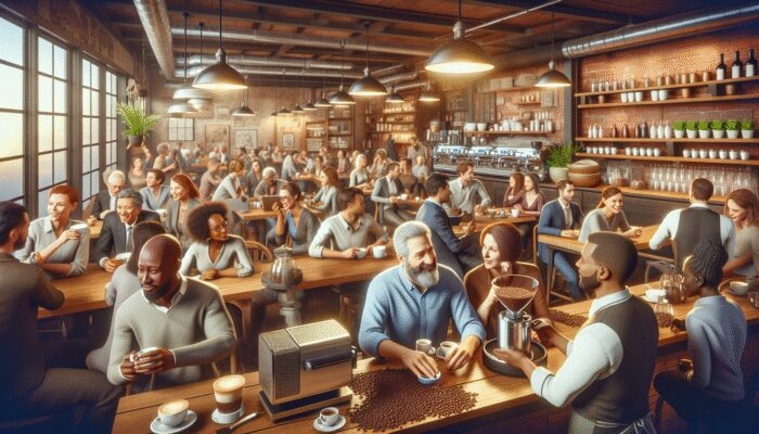 A bustling café with diverse patrons, warm lighting, rustic decor, and sustainably sourced coffee being roasted and served.