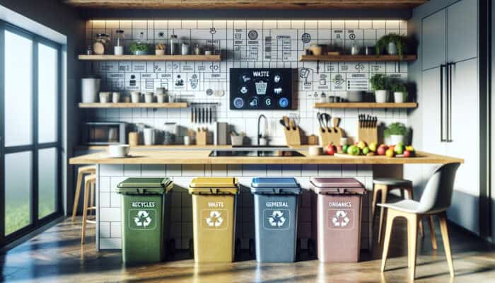 Modern UK kitchen showcasing colour-coded bins, a compost bin, a shredder, smart bins, and a waste sorting app on a tablet.